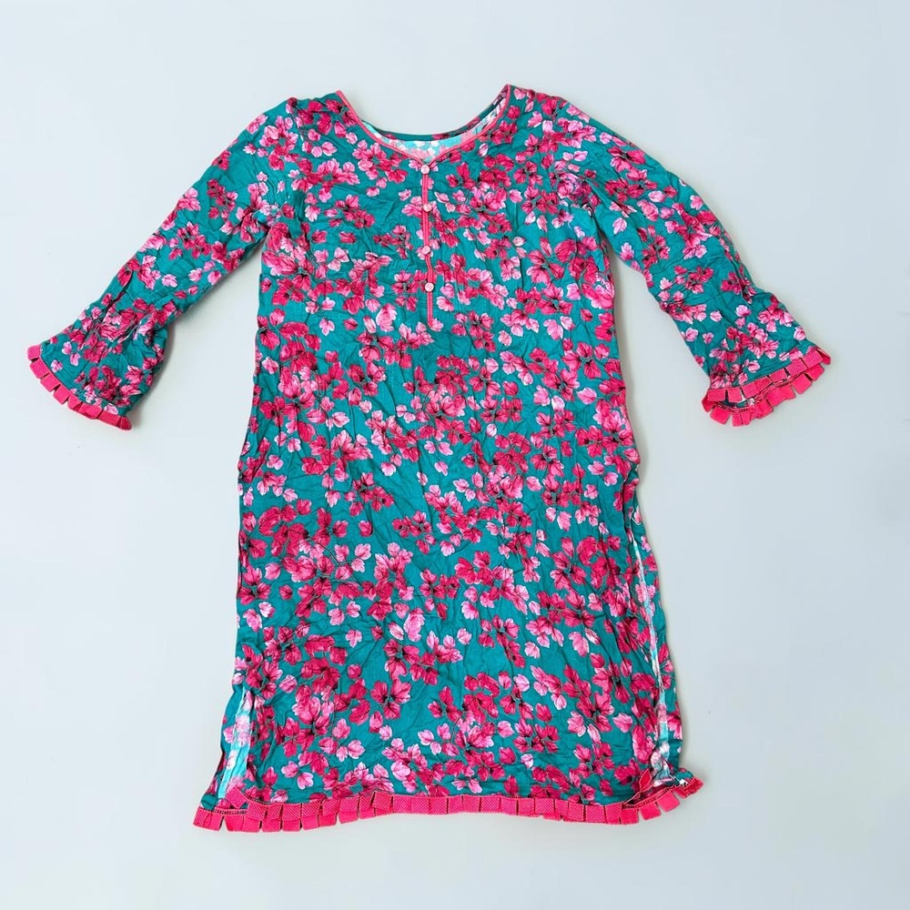 Teal Pink Floral Kurti Tunic Dress Tassel Sleeve Fringe Boho Festival Botanical